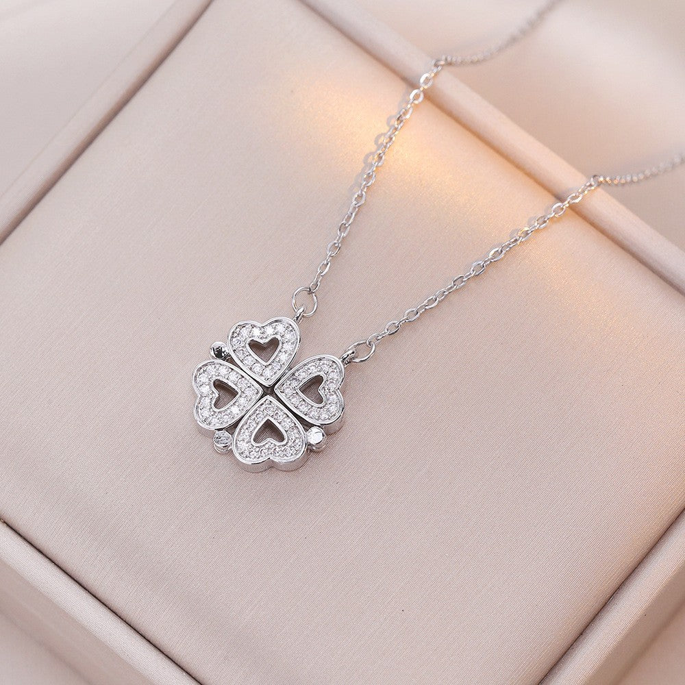 Women's Steel Cross Chain Open Close Four-leaf Flower Necklace