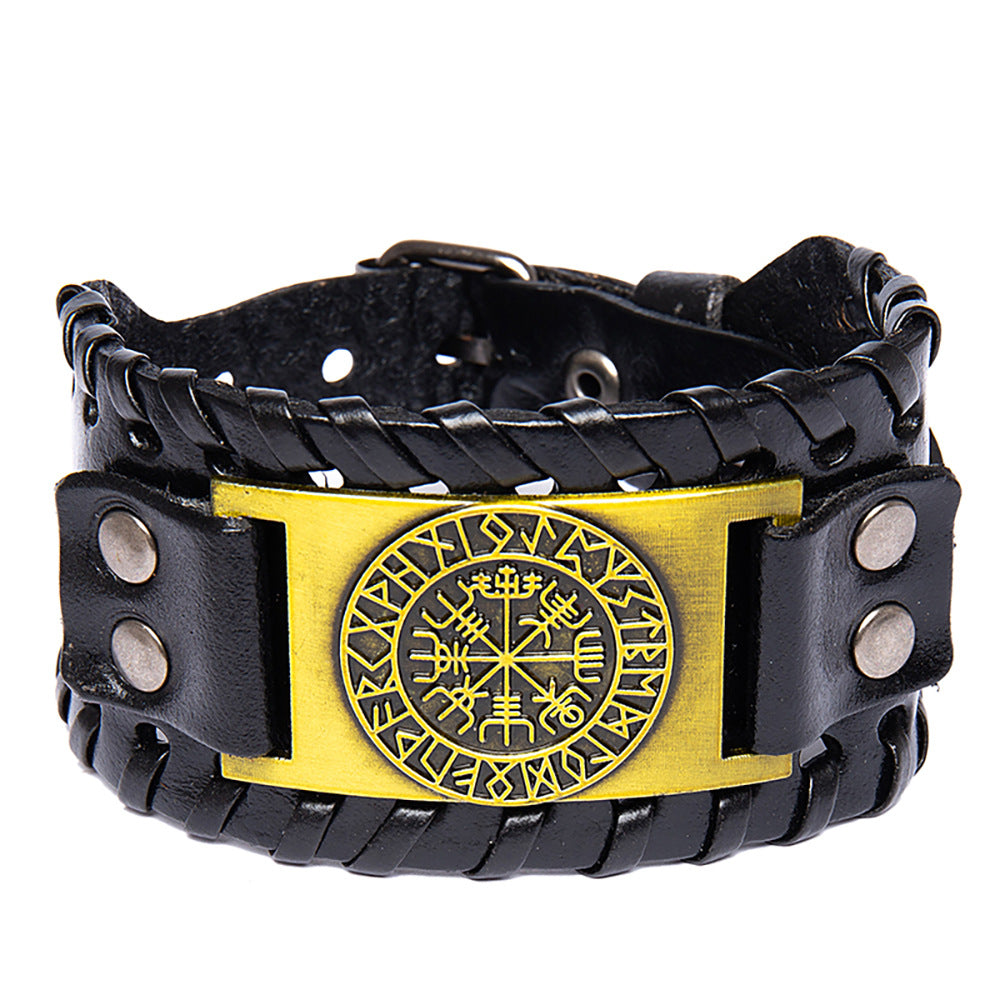Men's Vintage Viking Compass Totem Width Leather Bracelet