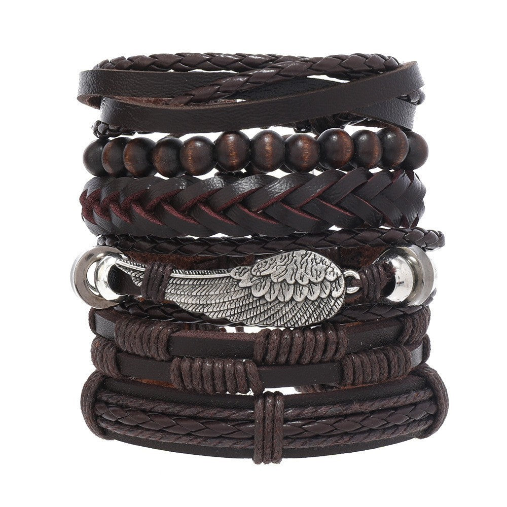 Men's Combination Vintage Leather Carrying Strap Wings Alloy Bracelets
