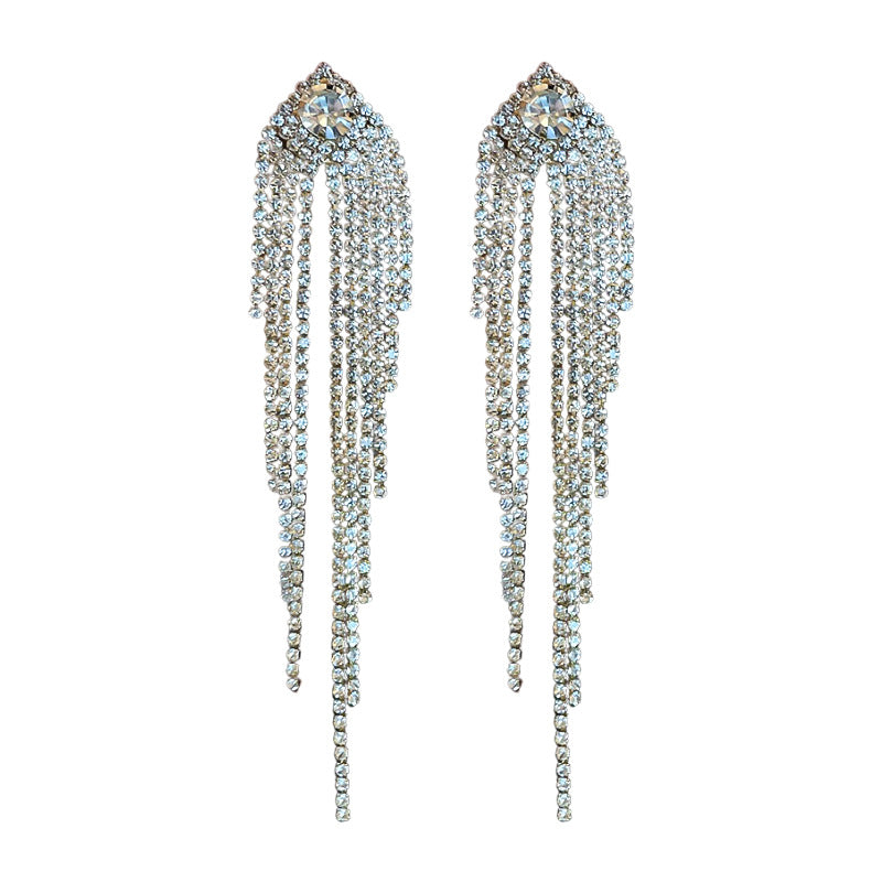 Women's Style Zircon Long Tassel Sier Pin Earrings