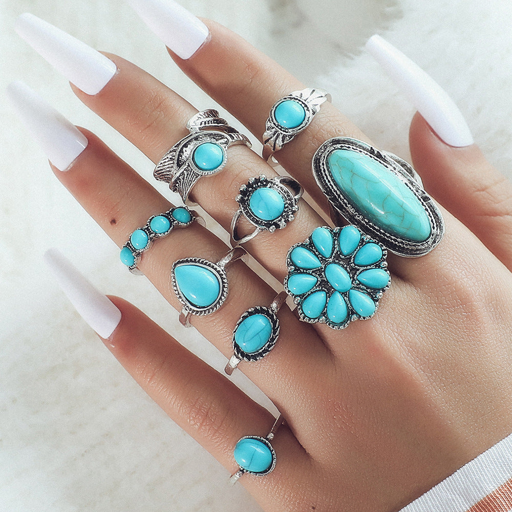 Women's Onyx Personality Turtle Flower Combination Set Rings