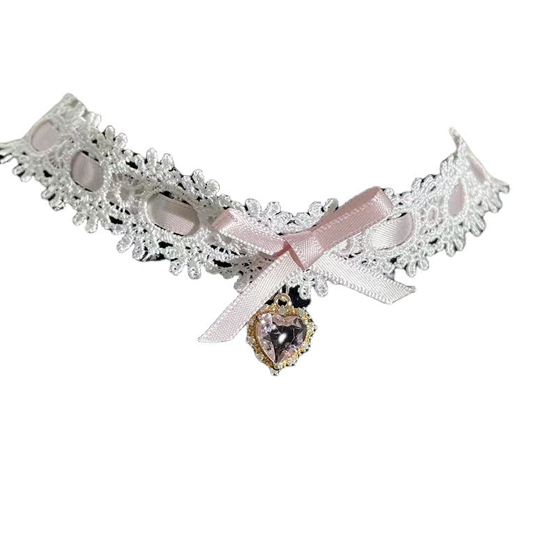 Peach Lace Love Heart Bow Tie Niche Necklaces