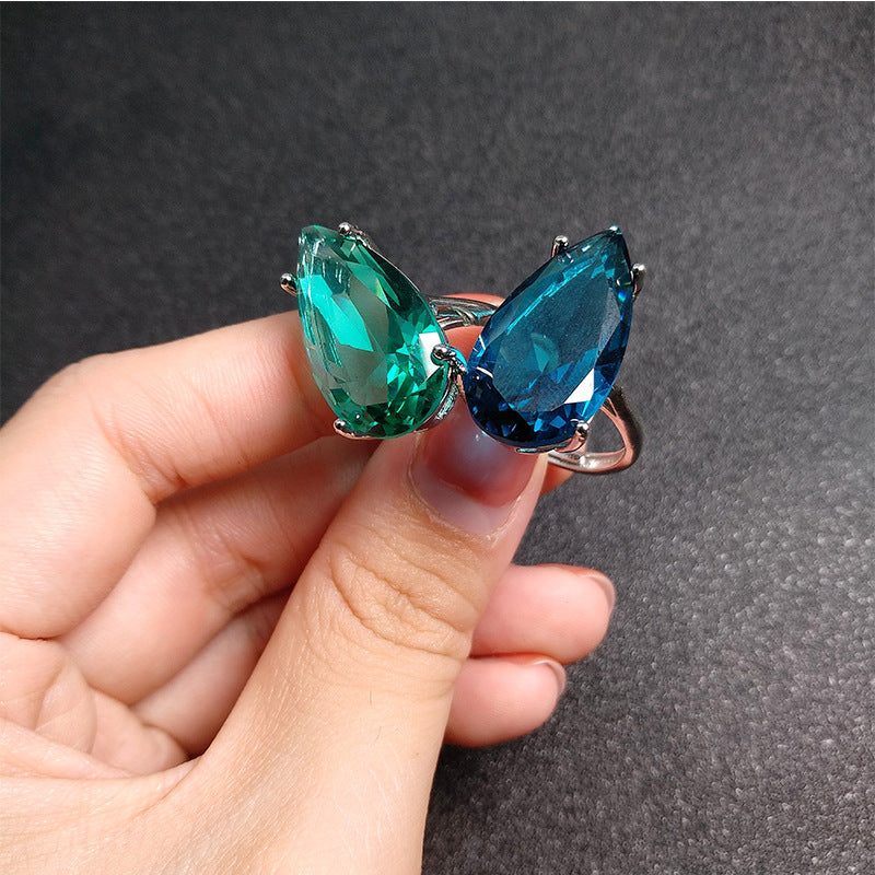 Live Streaming Imitation Emerald Blue Crystal Diamond Rings