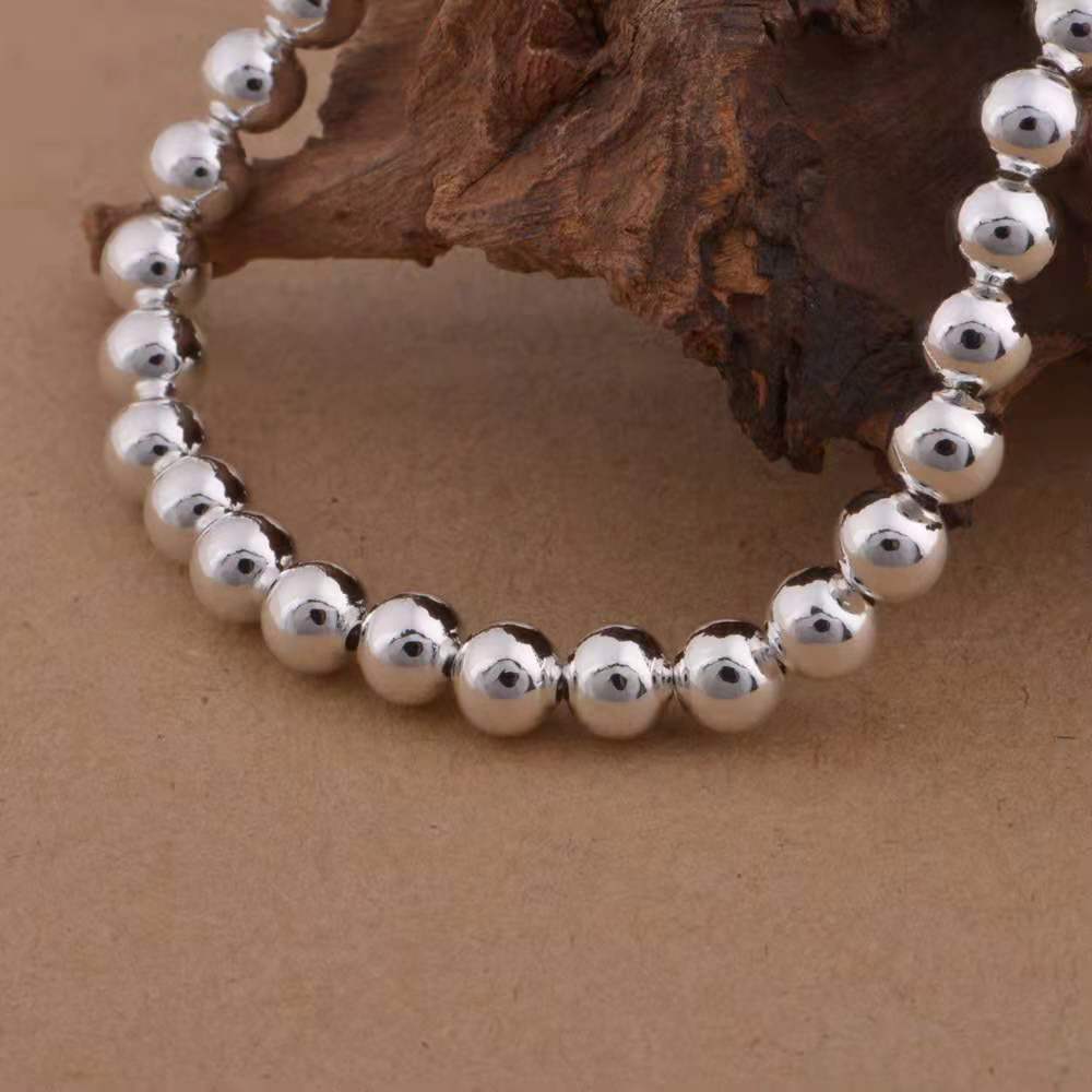 Women's White Copper Sier Plated Full Glossy Round Beads Bracelets