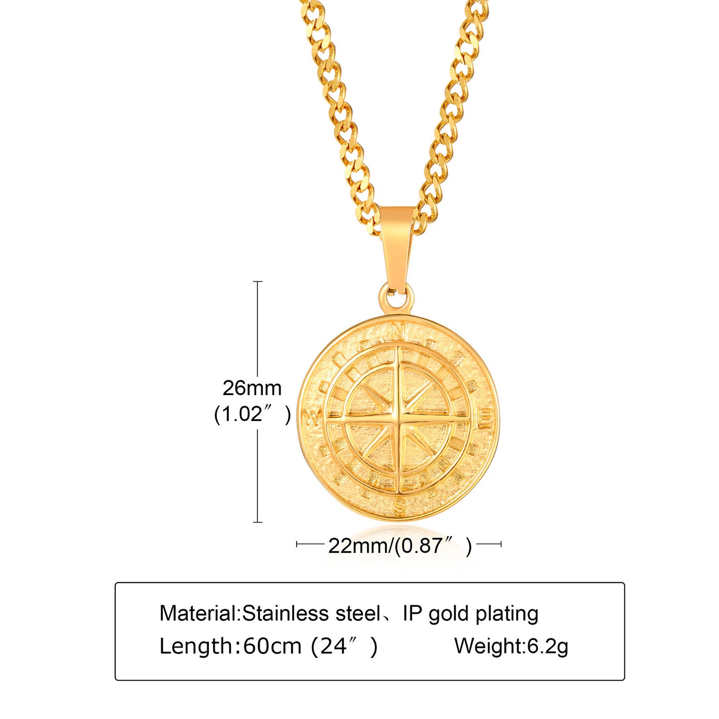 Men's Stainless Steel Compass Gold Coin Hip Pendants