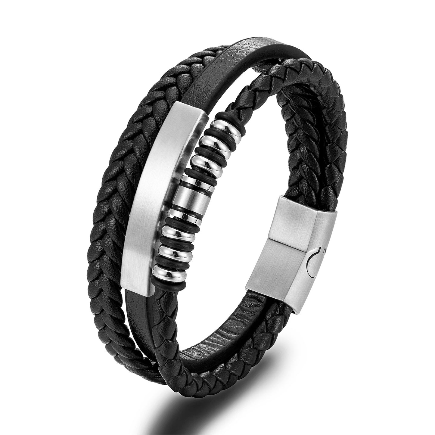 Men's Woven Stainless Steel Magnetic Buckle Leather Bracelet