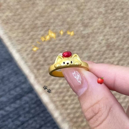 Golden Retro Red Apple Kitten Cute Simple Fashionable Stylish High Ring