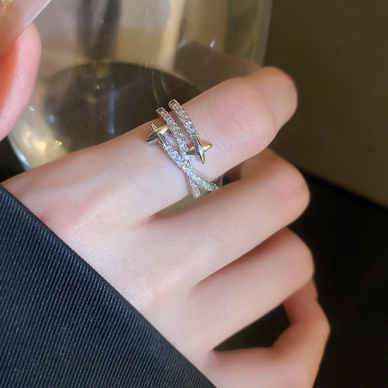 Women's Shining Diamond Snake-shaped Sier Open Advanced Texture Simple Trendy Cool Ring