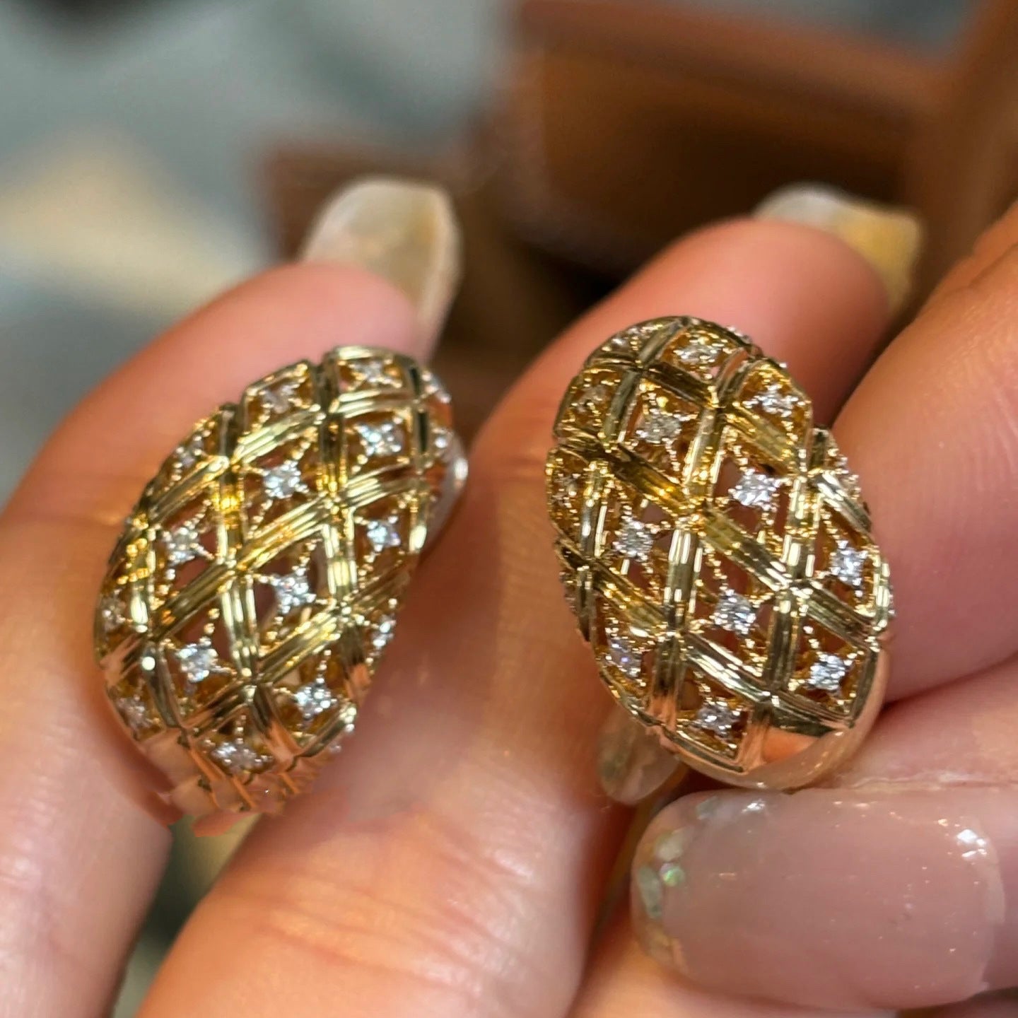 French Vintage Style Woven Hollowed Micro Inlaid Zircon Clip Diamond Earrings