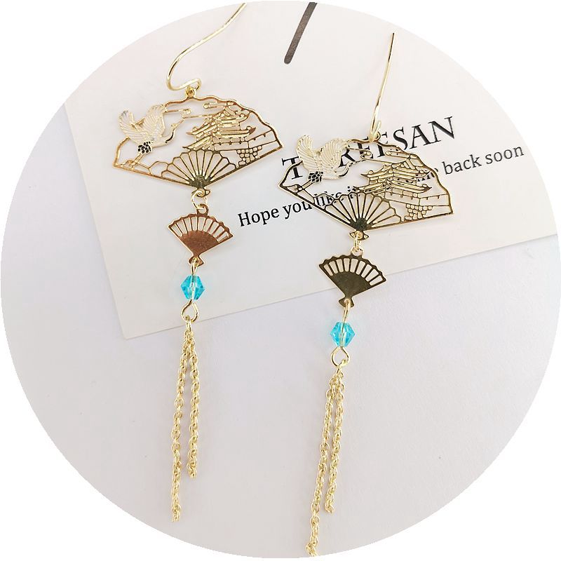 Women's Chinese Style Lucky Long Fringe Fashion Geometry Pattern Fan-shaped Ear Earrings
