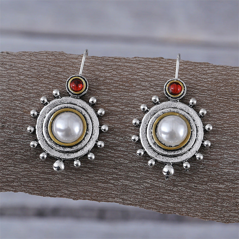 Style Retro Minority Round Pearl Flower Disk High Sense Affordable Earrings
