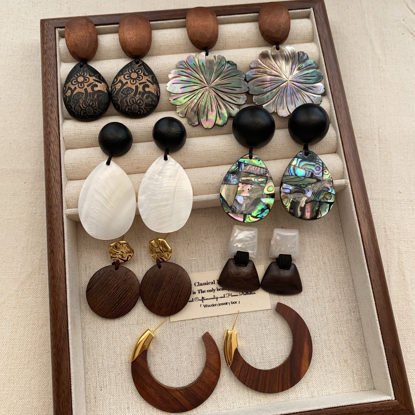 Solid Wood Fritillary Shell Geometric Eardrops Mild Luxury Retro Fashion Rings