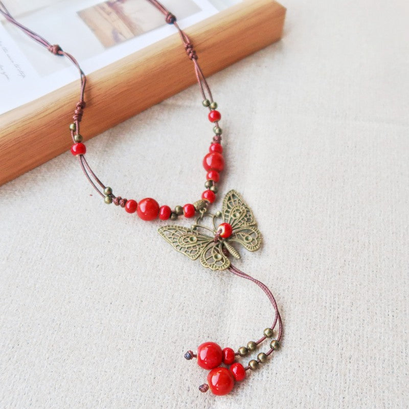 Women's Vintage Ethnic Style Ceramic Long Sweater Necklace