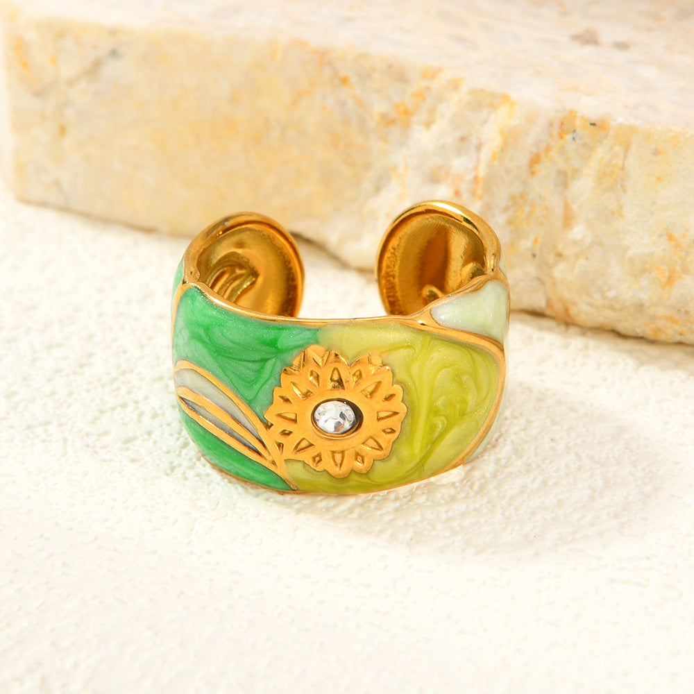Oil Dripping Diamond Sunflower Open Personality Rings