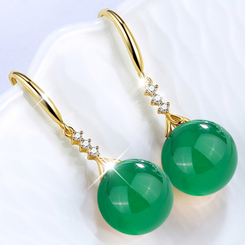 Women's Green Agate Sier Plated Zircon Carnelian Long Earrings