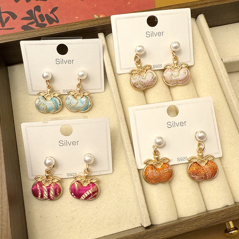 Style Song Dynasty Brocade Lucky Persimmon Sier Needle Ancient Auricular Earrings
