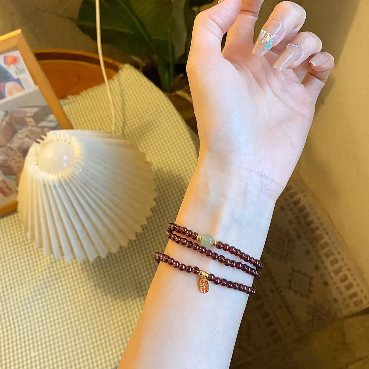 Natural Imitation Garnet Female Jade Cinnabar Three-circle Light Luxury Bracelet