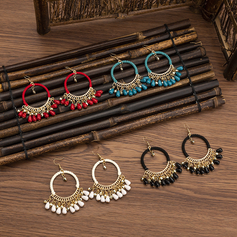 Women's Ethnic Style Bead Tassel Hand-woven Yunnan Earrings