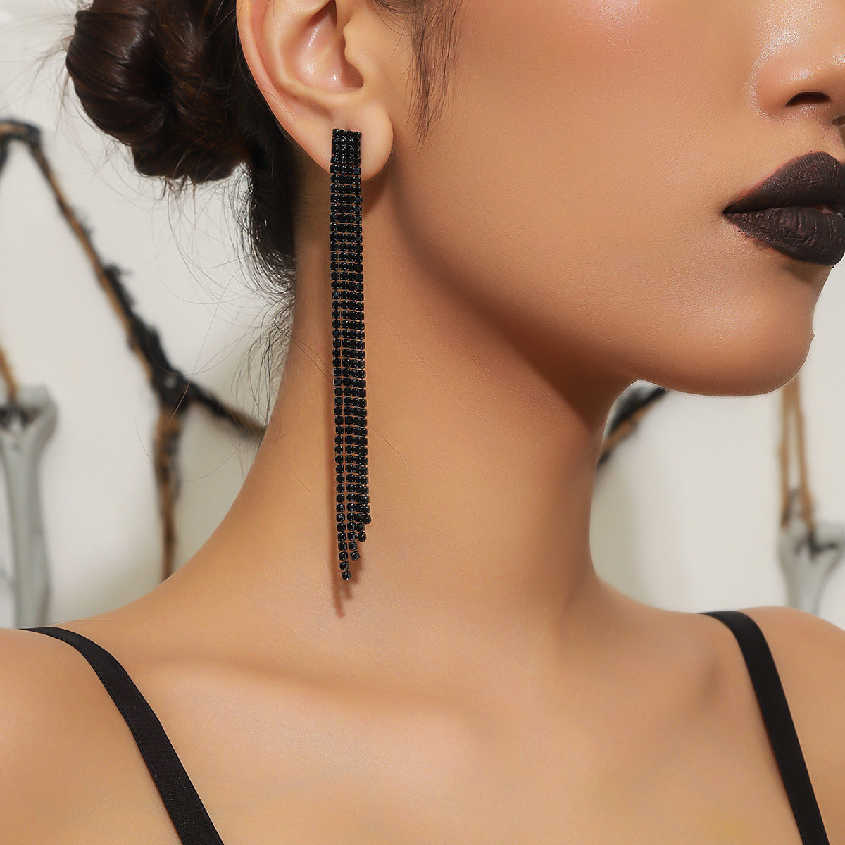 Sparkling Full Rhinestone Long Fringe Female Earrings