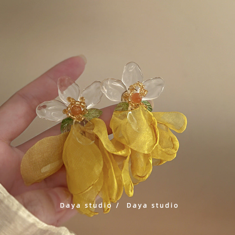 Fairy French Retro Chiffon Flower Tassel High Earrings