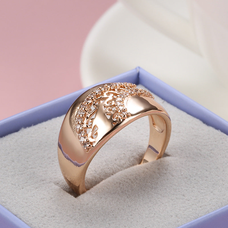 Korean Style Popular Copper Gold-plated Zircon Fashionable Elegant Glossy Carved Rings