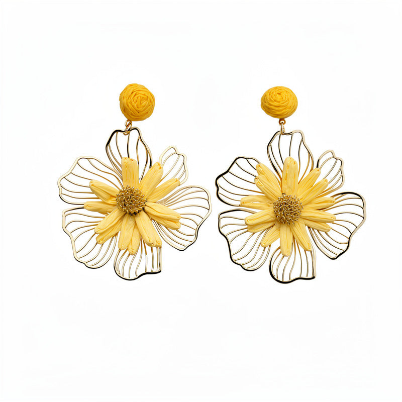 Vacation Style Metal Raffia Flower Sier Sweet Fresh Earrings