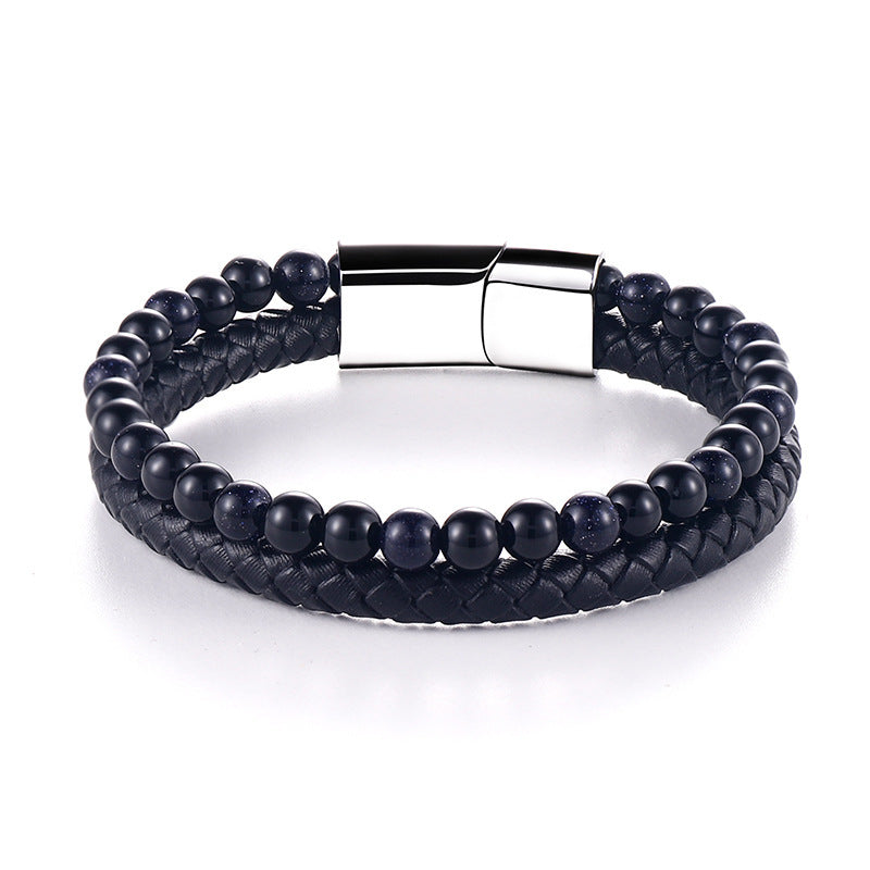 Men's Tiger Eye Beaded Genuine Leather Alloy Cowhide Bracelet