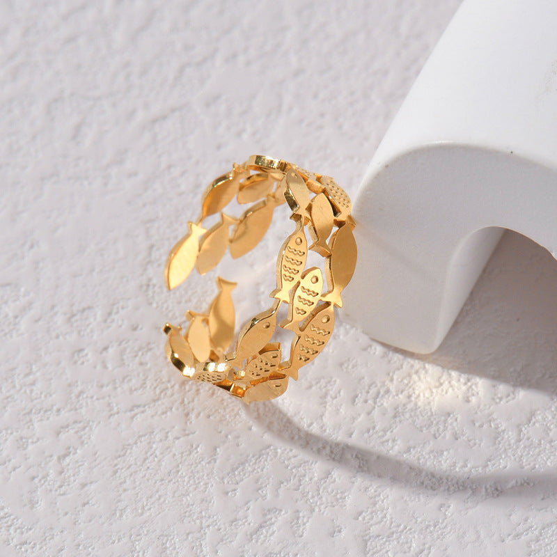 Titanium Steel Gold Hollow Fish Female Ring