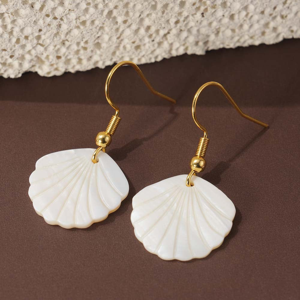 Summer Seaside White Shell Scallop Simple Hollow Monstera Earrings
