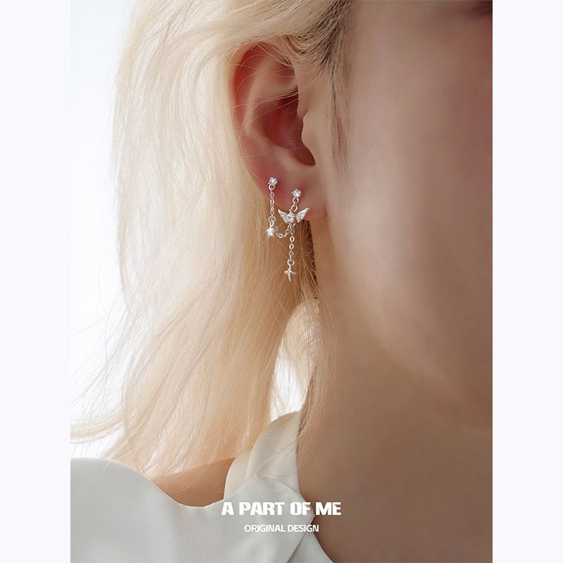 Double Ear Chain Pure White Angel Stud Earrings