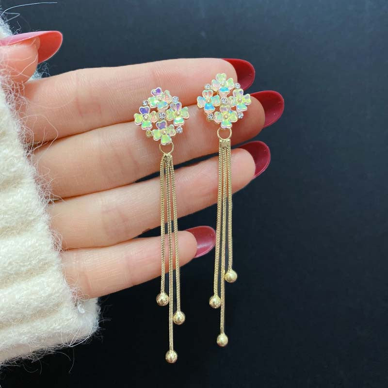 Flower Refined Long High-grade Tassel Affordable Luxury Fashion Sier Needle Earrings