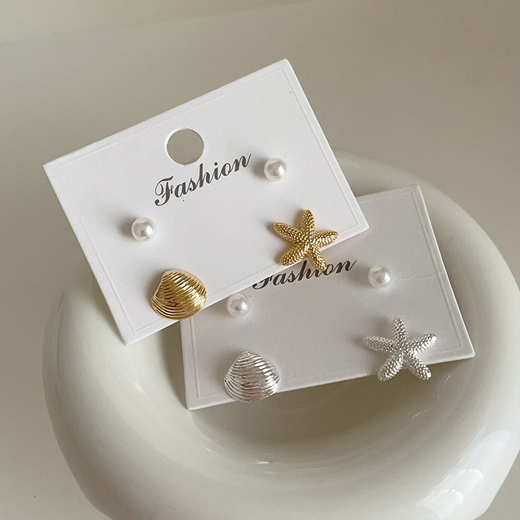 Starfish Metal Pearl Earings Set Female Niche Rings