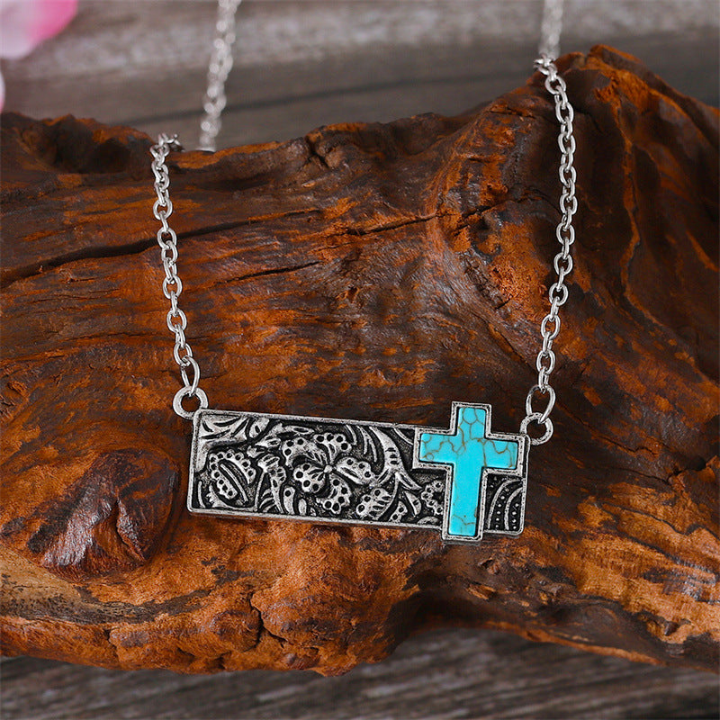Fashion Vintage Square Turquoise Cross Boho Clavicle Pendants