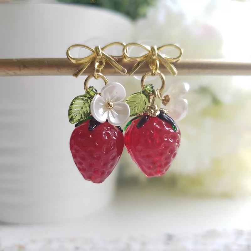 Temperament Girlish Style Leaves Red Crystal Raspberry Cute Earrings