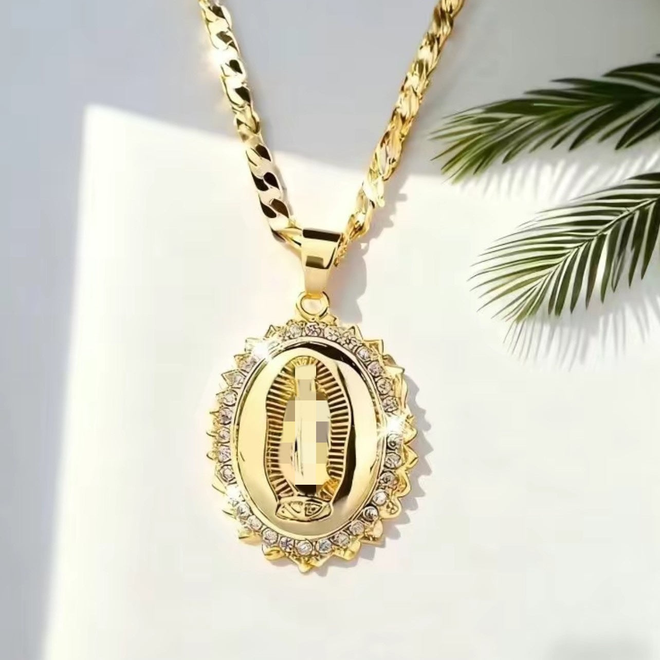 Mary Oval Gold Cubic Zirconia Religious Necklace