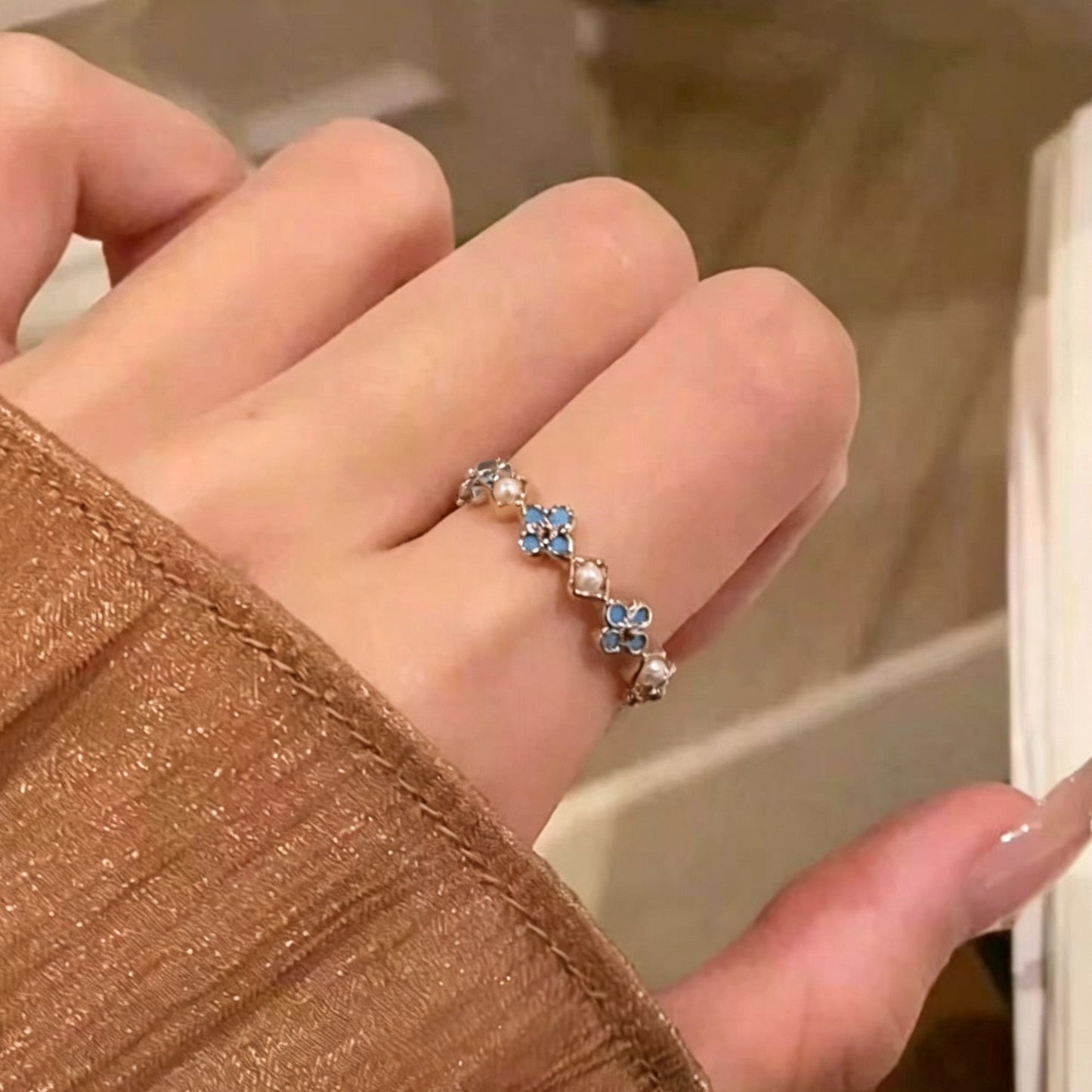 Women's Blue Little Flowers Gold Simple Imitation Turquoise Index Finger Rings