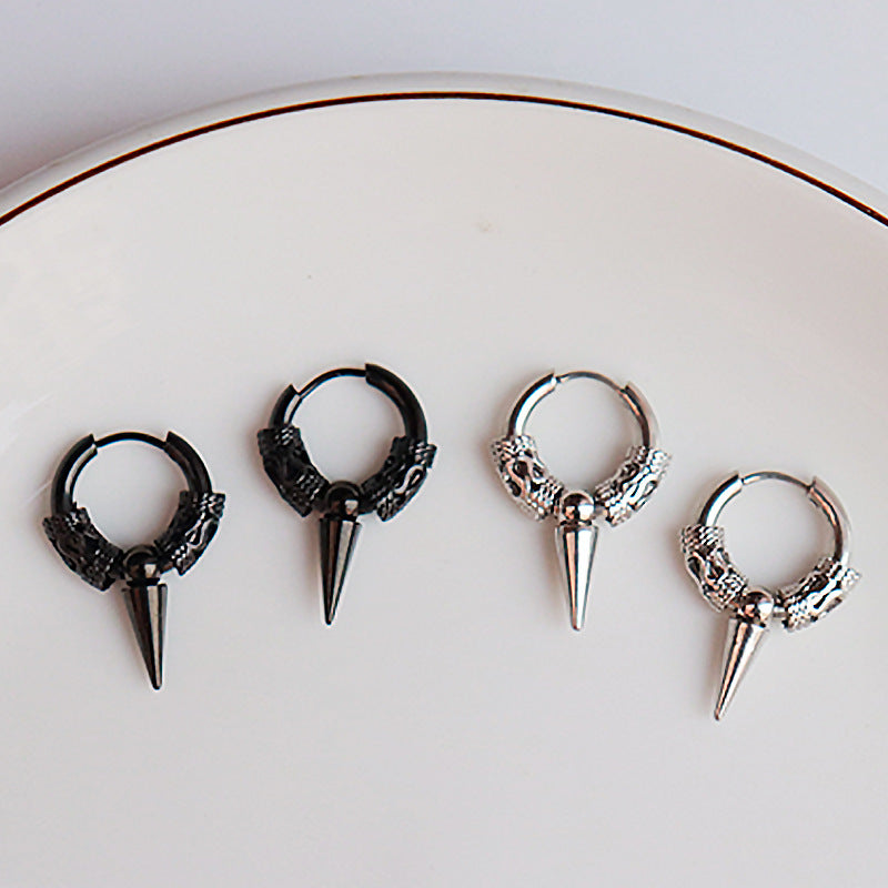 Stainless Steel Dragon Pattern Totem Circle Cone Ear Earrings