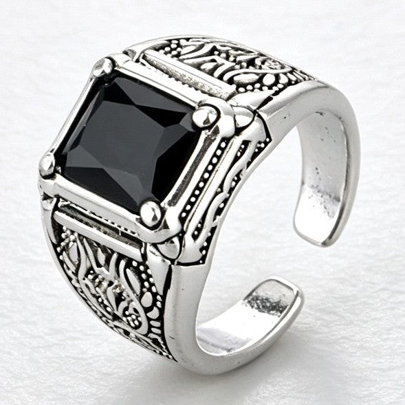 Men's Alloy Inlaid Black Gemstone Imitation Thai Sier Ring