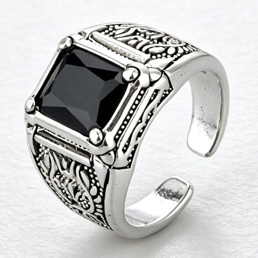 Men's Alloy Inlaid Black Gemstone Imitation Thai Sier Ring