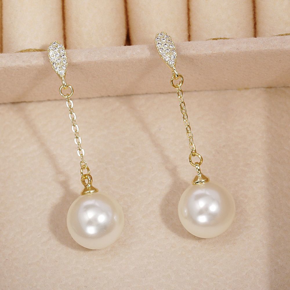 Women's Delicate Diamond Pearl Tassel Simple Elegant High-grade Earrings
