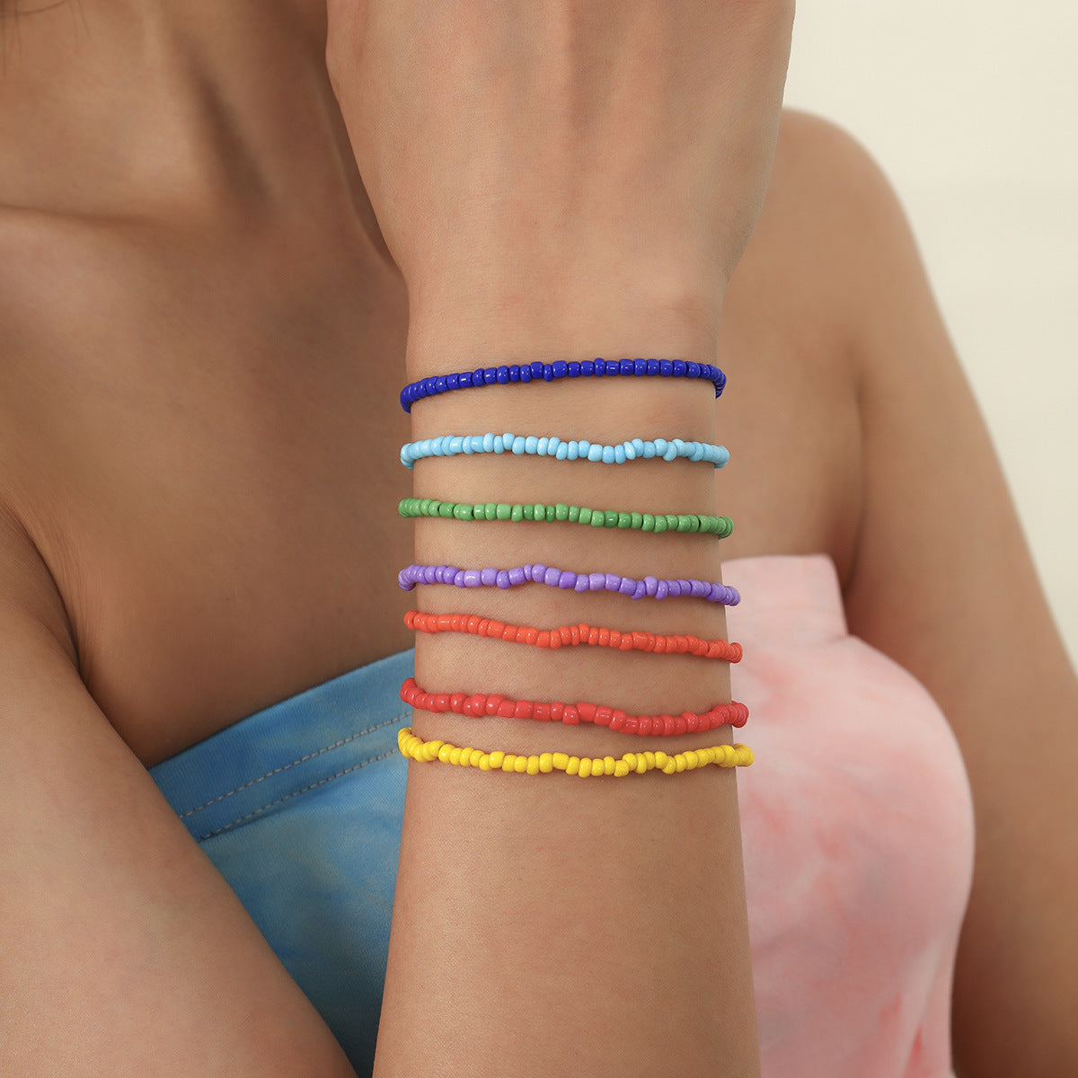 Rainbow Color Woven Bead Pastoral Temperament Twin Round Necklace