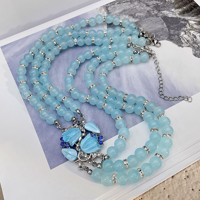 Light Blue Moonlight Lily Crystal Natural Stone Tulip Necklace