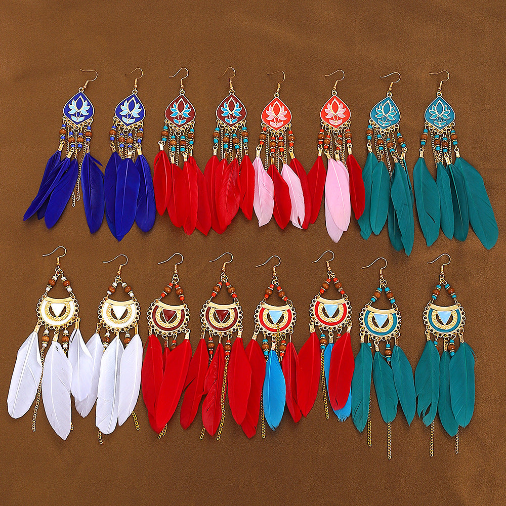 Semicircle Feather Popular Long Bead Chain Tassel Ethnic Rings