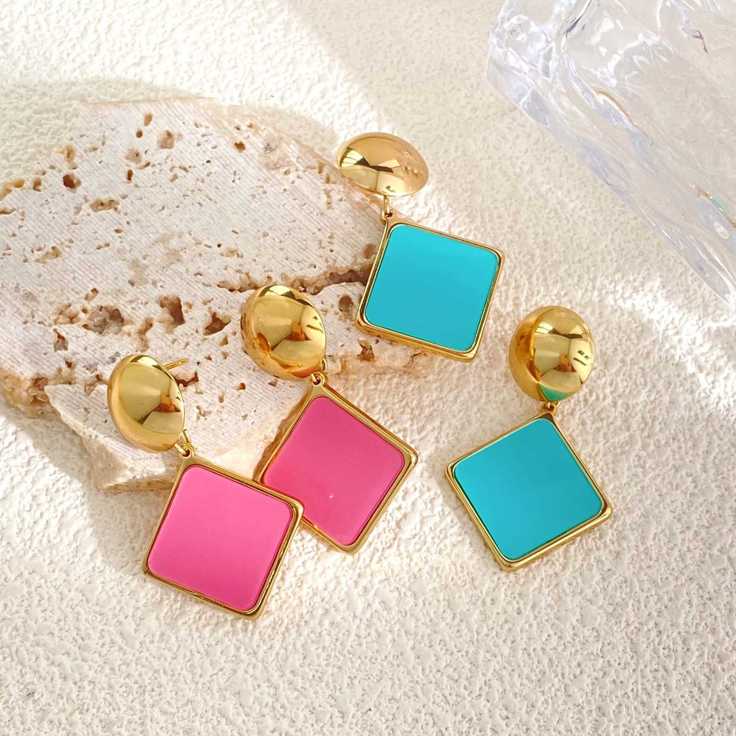 Women's Retro Geometric Metal Beads Style Colorful Square Piece Earrings