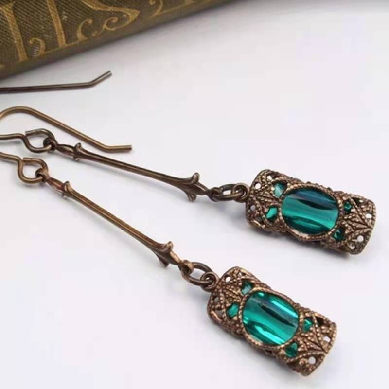 Retro Long Distressed Elegant Zircon Rectangular Earrings