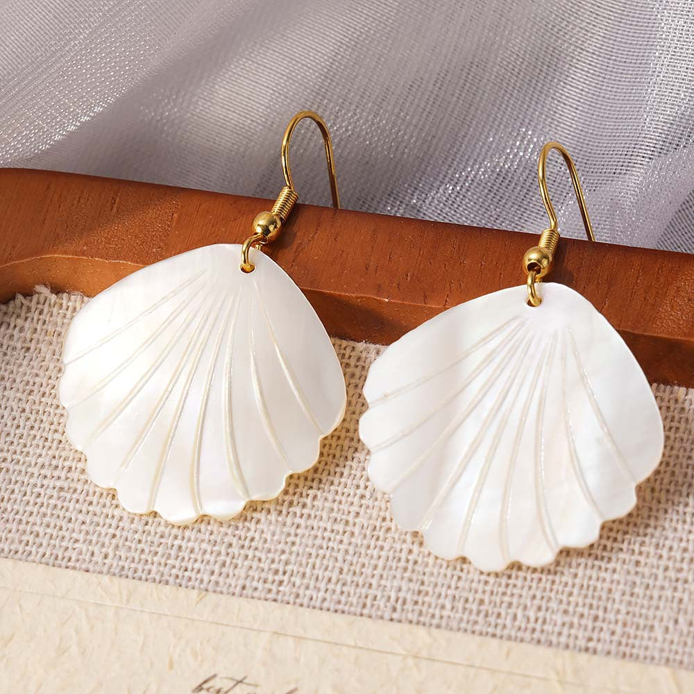 Summer Seaside White Shell Scallop Simple Hollow Monstera Earrings