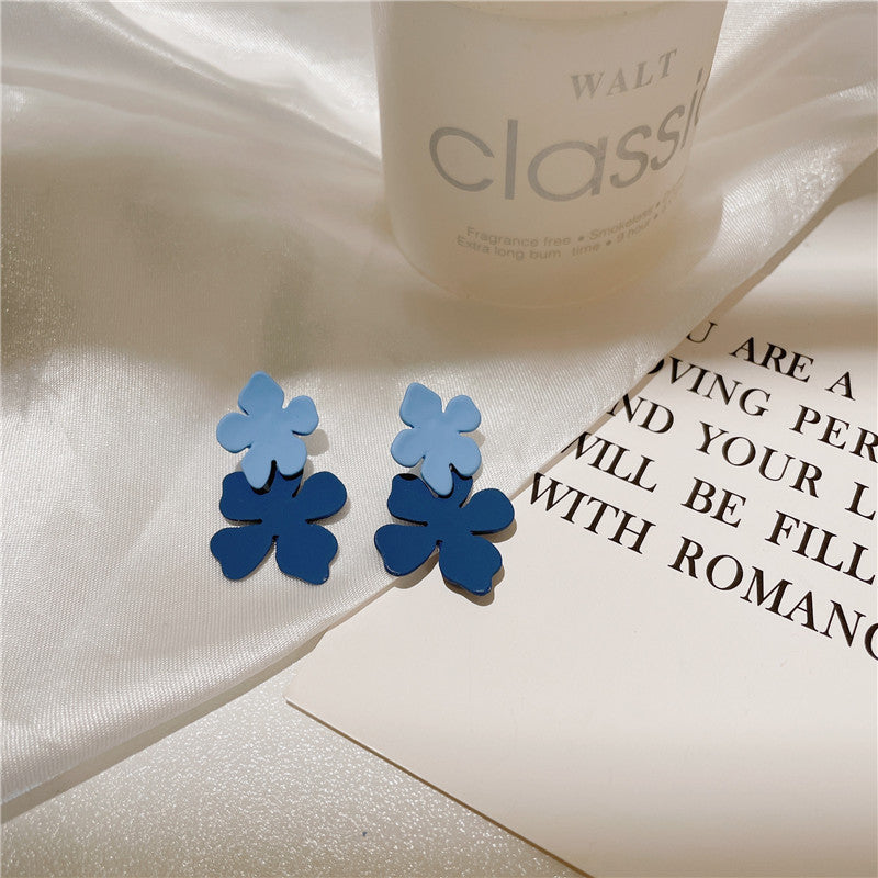 Vacation Dripping Oil Blue Flower Female Niche Vintage Earrings