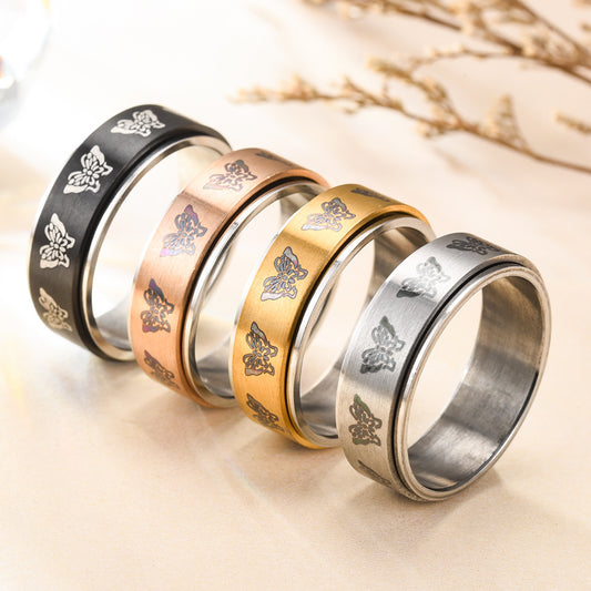 Ornament Rotatable Titanium Steel Vintage Butterfly Rings