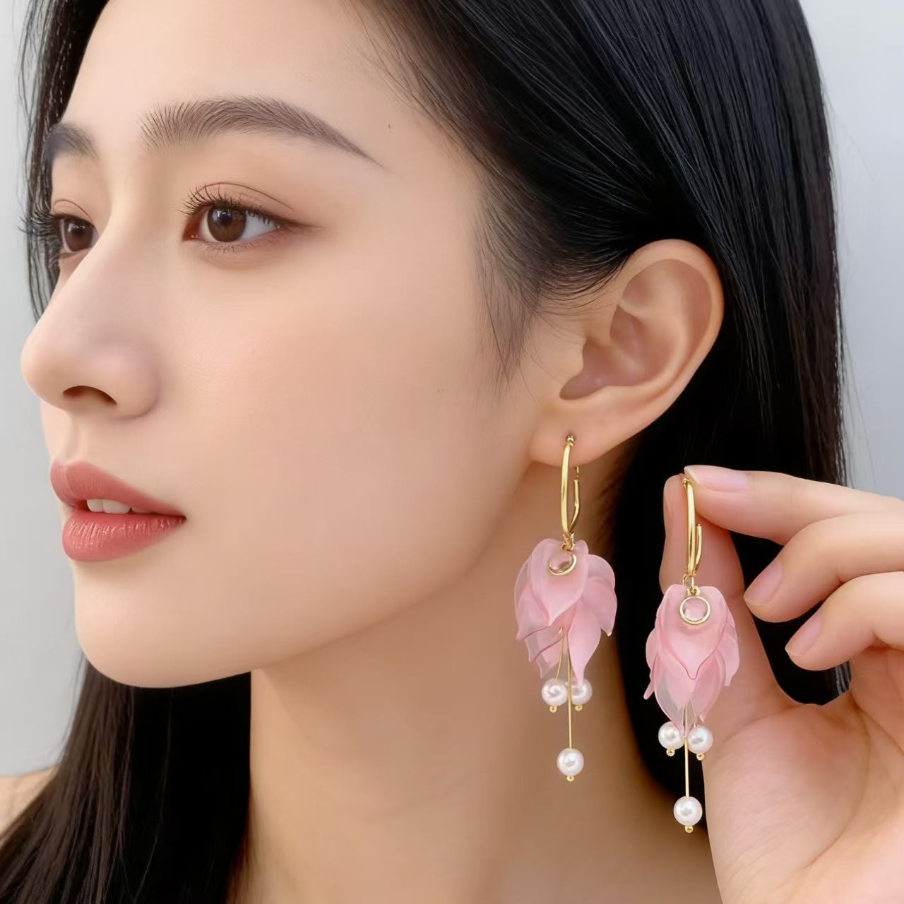 French White Petals Pearl Tassel Light Luxury High Earrings