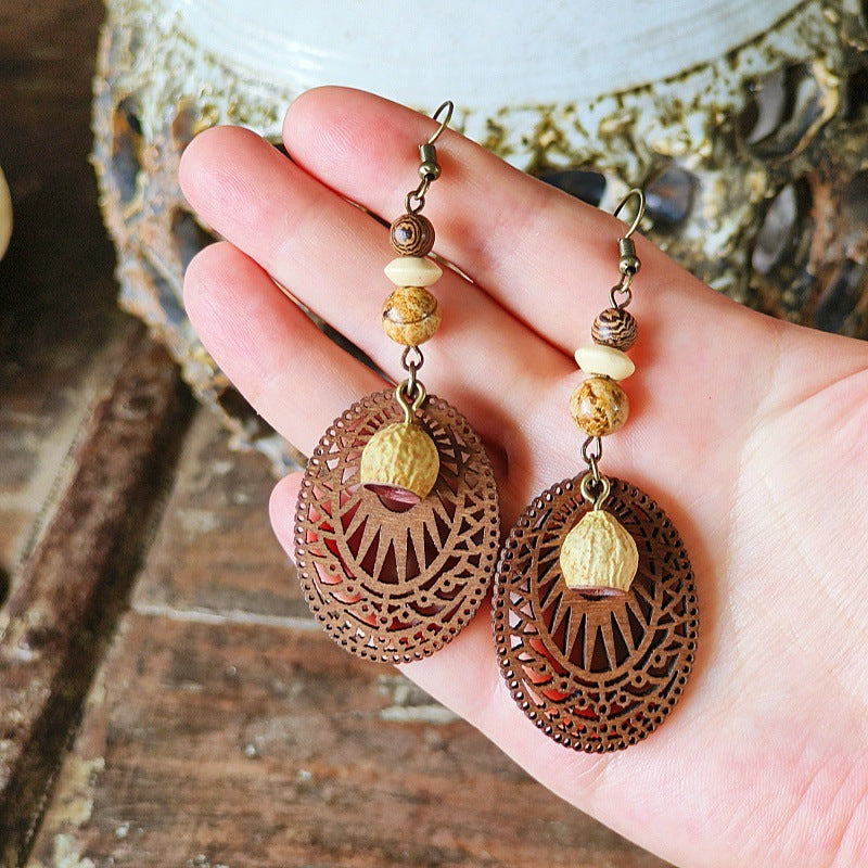 Style Retro Minority Mori Bohemian Indian Wandering Hollow Wood Grain Earrings
